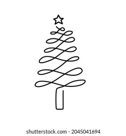 Line drawing Christmas tree. Linear stylized. Minimalist. Xmas symbol for greeting card, prints, poster, sticker, banner, invitation card. Vector.
