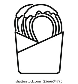 Line drawing of churros covered with chocolate cream in a cardboard container, perfect for projects related to street food and desserts