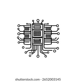 Line drawing of a circuit board with three stacked components featuring multiple connections and data storage units, all in a simple black and white scheme.