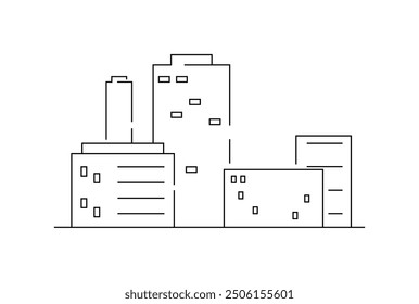 Line drawing of a cityscape, showcasing several rectangular buildings with windows and doors. Illustration uses simple geometric shapes to depict modern urban architecture in a clean, abstract style
