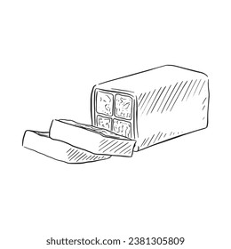 A line drawing of the classic British cake; the Battenberg. First name in 1884 when Queen Victoria's granddaughter married Prince Louis of Battenberg.