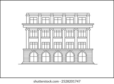 Line Drawing of Classic European Building Facade - Black and White Architectural Sketch