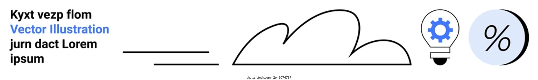 Line drawing of a cloud followed by a lightbulb with a blue gear, and a percentage symbol. Ideal for tech apps, business analysis, marketing, finance, education, innovation, cloud services. Landing