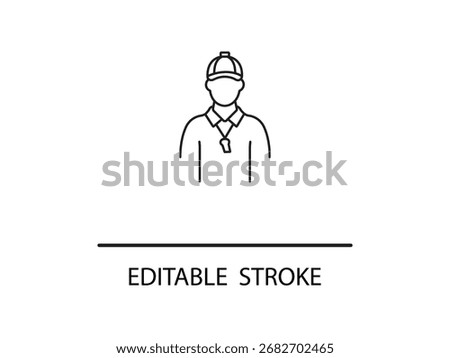Line drawing of a coach with cap and whistle for sports themed designs or instructional material about coaching and teamwork leadership.