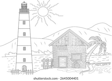 Line Drawing of a Coastal Scene with Lighthouse, Patterned House, Palm Tree, Sun, and Ocean for Coloring Book