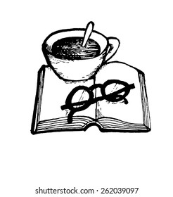 Line drawing of coffee cup and eyeglasses on top of a book