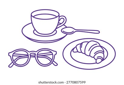 Line drawing of coffee cup on saucer with spoon glasses and croissant on plate isolated on transparent background