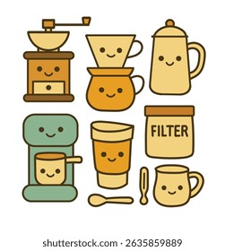 Line drawing of coffee related equipment in Kawaii style, isolate vector file.