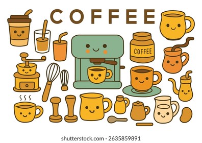 Line drawing of coffee related equipment in Kawaii style, isolate vector file.