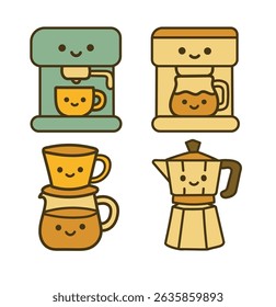 Line drawing of coffee related equipment in Kawaii style, isolate vector file.