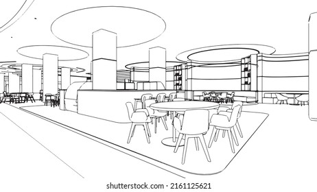 line drawing of coffee shop,Modern design,3d rendering