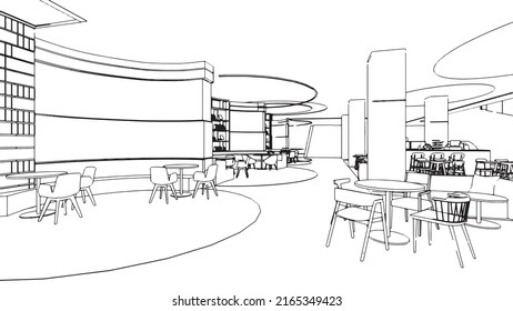 line drawing of coffee shop,Modern design,3d rendering