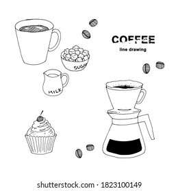 Linienzeichnung von Kaffee und Süßigkeiten