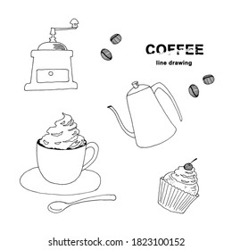 Line drawing of coffee and sweets