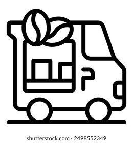 Line drawing of a coffee truck carrying freshly roasted coffee beans