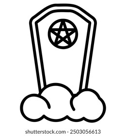 A line drawing of a coffin with a pentagram on top. The coffin is floating on a cloud.