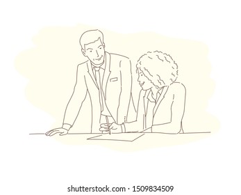 Line drawing colleagues discussing work together for a better result