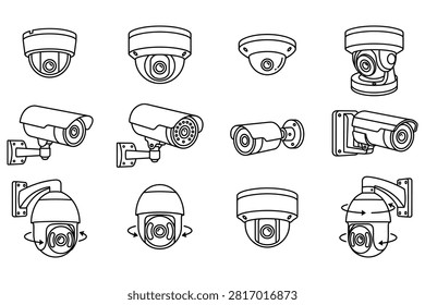 Line drawing collection shows different styles of surveillance cameras on transparent background