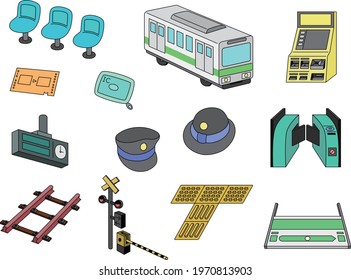 Line drawing Color hat Train ticket gate Ticket bench Railroad crossing Braille block Signboard Railroad ticket office Commuter pass, etc