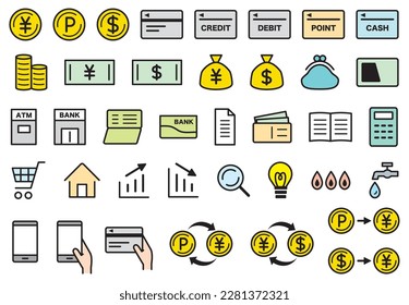 Juego de iconos de color de dibujo de línea dinero y economía