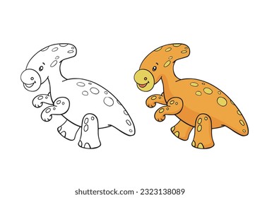 Line drawing and color version of a cute cartoon dinosaur. Children's educational game coloring book. Activity page for teaching creativity.