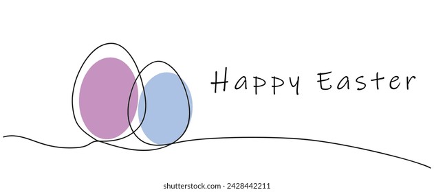Line drawing of colorful Easter eggs with greeting Happy Easter. Continuous one line drawing. Isolated on white backdrop. Perfect for print, greeting, postcard. 