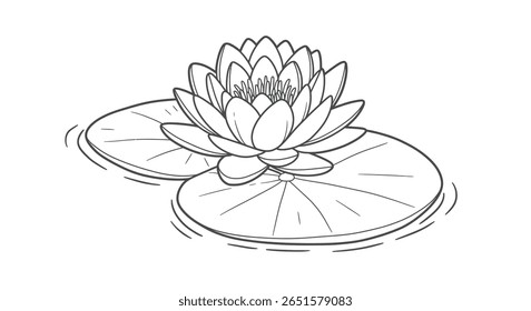 Folha de coloração de desenho de linha de um lírio de água de Nymphaea descansando elegantemente sobre a sua folha distintiva pad