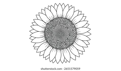 Folha colorida do desenho da linha de uma face do girassol mostrando o arranjo intrincado da semente da espiral na parte do meio