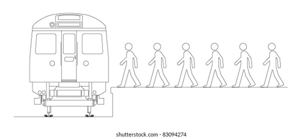 Line drawing of commuters boarding a train to work
