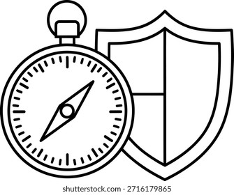Un dibujo de línea de una brújula y un escudo, que simboliza la navegación y la protección, sobre un fondo blanco limpio, que transmite una sensación de guía y seguridad.