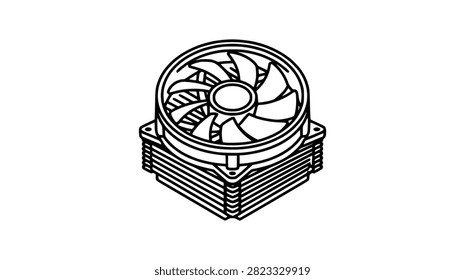 A line drawing of a computer cooling fan attached to a heatsink.