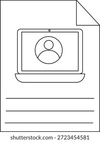 Desenho de linha de um computador no papel com linhas de escrita abaixo e canto dobrado