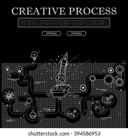 line drawing of concept of creative process vector graphic in black and white. also represents creativity, innovation, inventiveness, etc to be used web banners and as printed materials