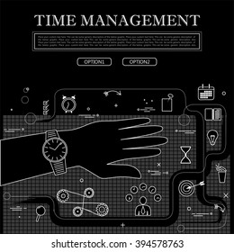 line drawing of concept of time management vector graphic in black and white. also represents concepts like organization, etc to be used web banners and as printed materials