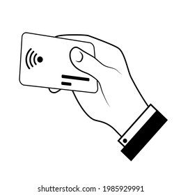 Line drawing contactless payment. The hand is holding a credit card. Black and white. Vector