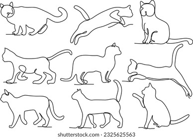 line drawing continuous bundle set of cats vector illustration