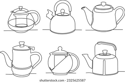 line drawing continuous bundle set of teapot vector illustration