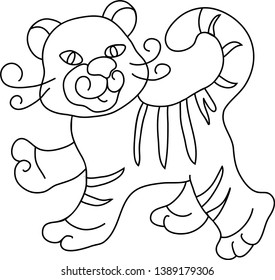 Line drawing or contour stroke cute tiger, page for children's coloring book  or other creativity.  Black and white template for color book vector illustration isolated on white background.