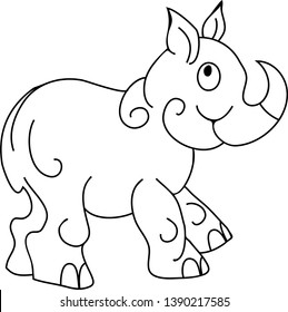 Line drawing or contour stroke cute rhinoceros, page for children's coloring book  or other creativity.  Black and white template for color book vector illustration isolated on white background.
