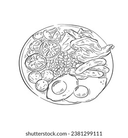 A line drawing of a cooked breakfast in black and white featuring fried eggs, bacon, sausage, beans, mushrooms and tomatoes.