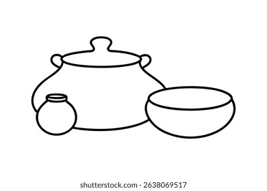 Line drawing of cooking pots and bowl kitchenware