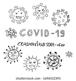 Dibujo de línea El concepto de virus coronal Corona-19 es un logo de diseño de fuentes Organización Mundial de la Salud que introduce el nuevo nombre para la enfermedad de Coronavirus, nombre COVID-19, ilustración de vector de virus.