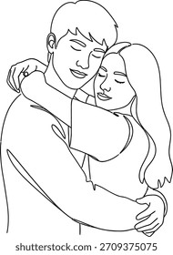 A line drawing of a couple holding each other tightly, eyes closed in peaceful intimacy.