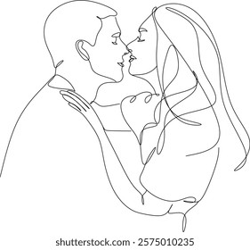 Line drawing of couple in love man and woman. Kiss. ​​Valentine's day. Love. Wedding couples. Vector illustration, hand drawn lines without artificial intelligence