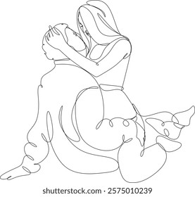 Line drawing of couple in love man and woman. Kiss. ​​Valentine's day. Love. Wedding couples. Vector illustration, hand drawn lines without artificial intelligence