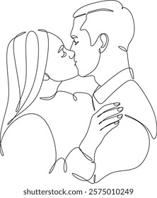 Line drawing of couple in love man and woman. Kiss. ​​Valentine's day. Love. Wedding couples. Vector illustration, hand drawn lines without artificial intelligence