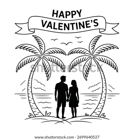 A line drawing of a couple silhouetted on a beach with palm trees and the ocean, under a banner. Scalable vector format suitable for print and digital media.