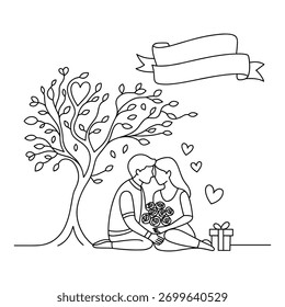 Un dibujo de línea de una pareja sentada debajo de un árbol que sostiene rosas, con una caja de regalo y corazones cerca. Formato de Vector escalable adecuado para medios impresos y digitales.