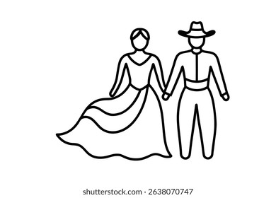 Line drawing couple in traditional dress holding hands