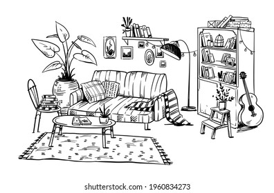 line drawing of a cozy living room, vector hand drawn line sketch